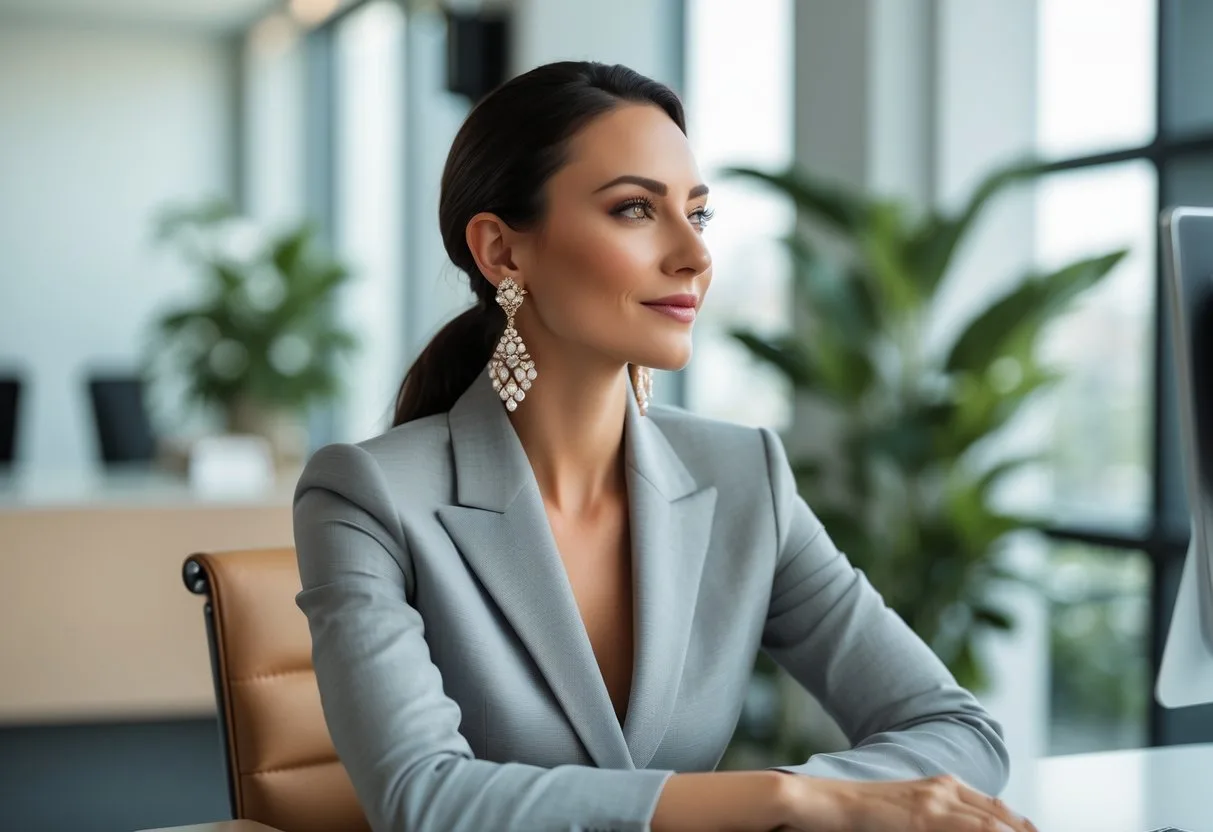 Femme confiante portant des boucles d’oreilles élégantes, assise dans un bureau moderne avec une posture droite.