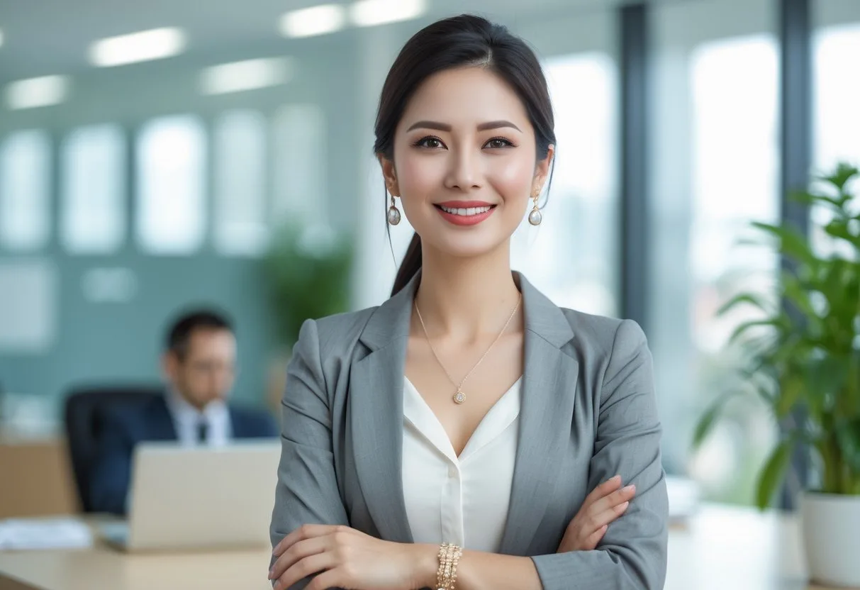 Une femme confiante portant des bijoux élégants dans un bureau moderne, debout avec une posture droite et un sourire doux.