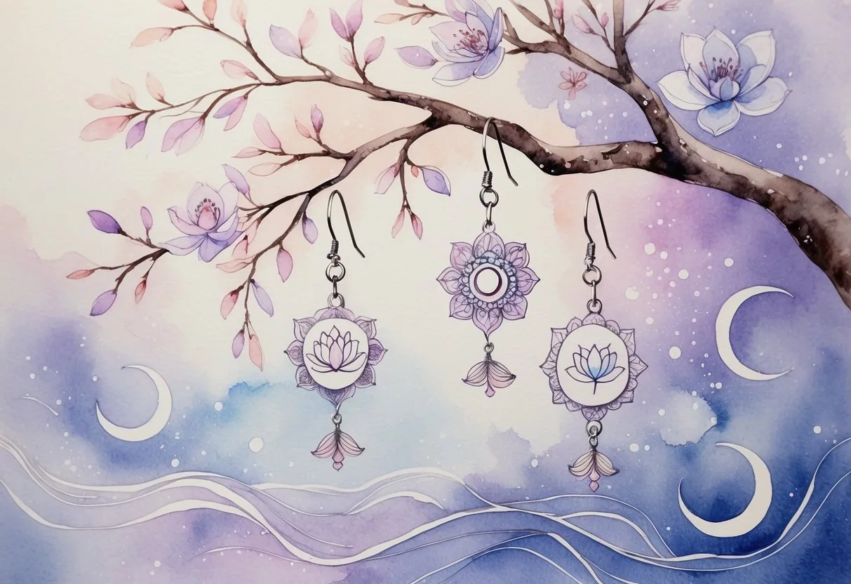 Une scène paisible montrant des boucles d’oreilles suspendues à des branches fleuries, entourées de motifs spirituels subtils.