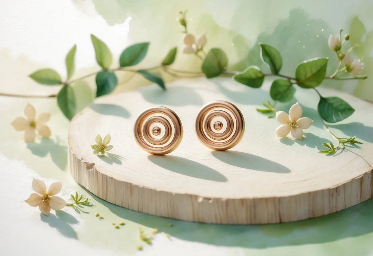 Une paire de boucles d’oreilles en forme de spirale posée sur une surface naturelle avec des feuilles et des fleurs autour.