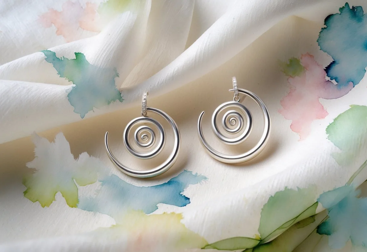 Une paire de boucles d’oreilles en spirale posée sur un tissu doux avec des couleurs pastel autour.