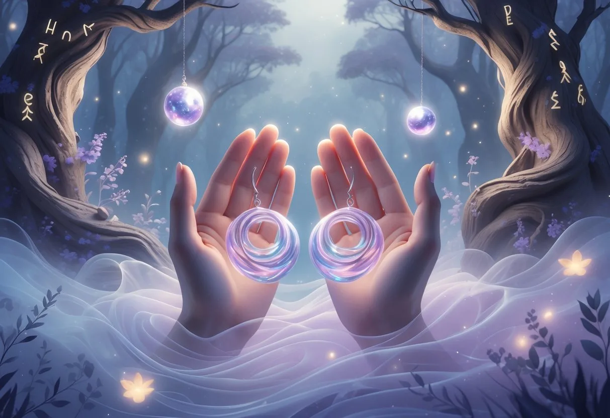 Des mains translucides tiennent délicatement une paire de boucles d'oreilles lumineuses en forme de spirale dans une forêt enchantée avec des arbres anciens et des lumières flottantes.