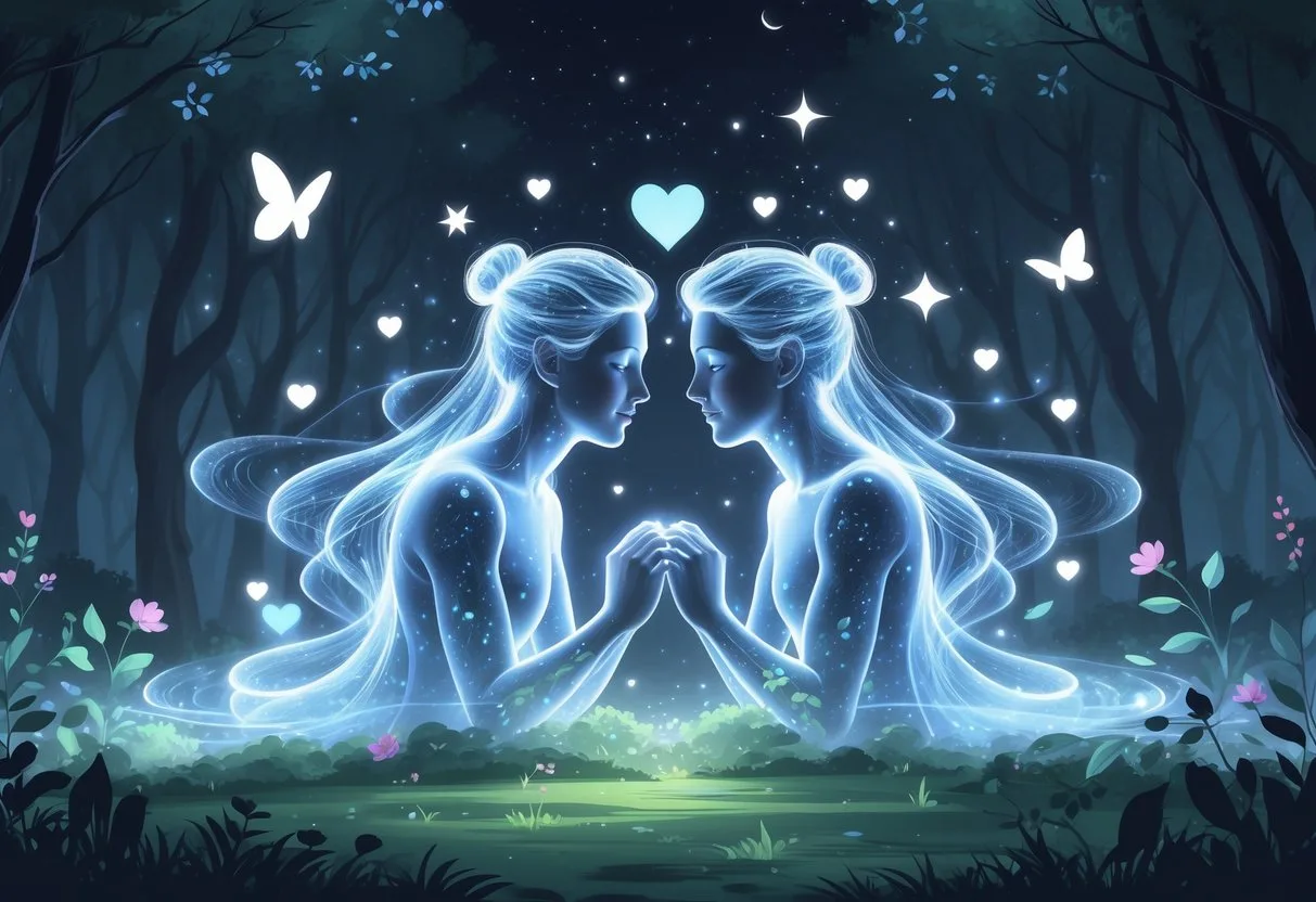 Deux figures translucides et lumineuses se tiennent face à face dans une clairière entourée de symboles flottants et de nature paisible.