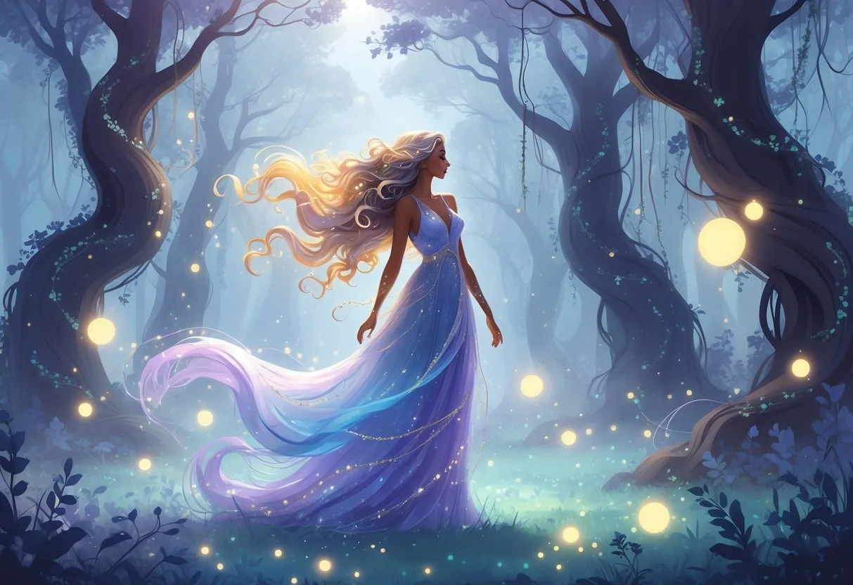 Une silhouette féminine aux cheveux bouclés lumineux dans une forêt mystique avec des lumières flottantes et une ambiance douce et magique.