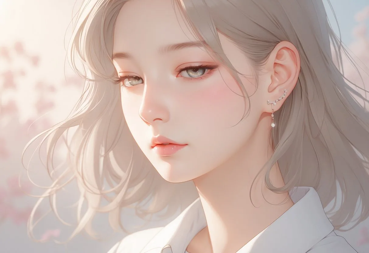 Portrait d'une jeune femme portant des boucles d'oreilles discrètes avec une expression calme et un arrière-plan doux.