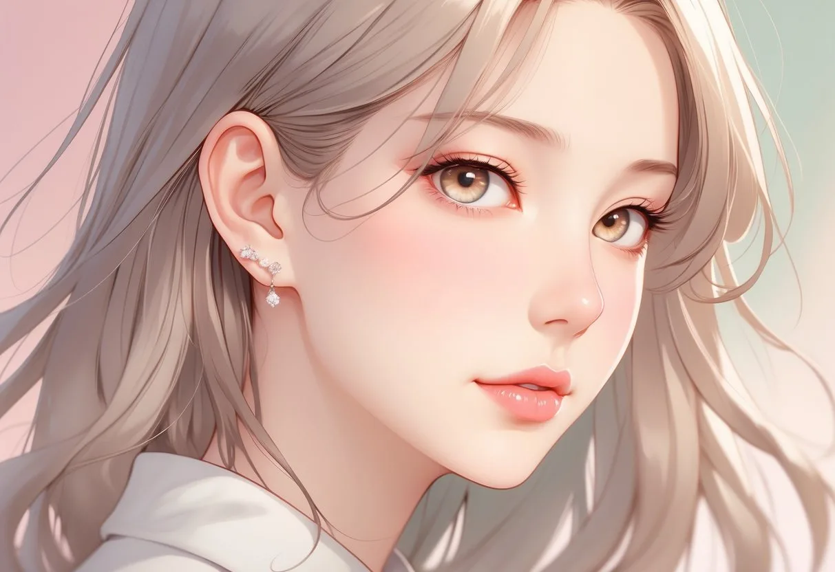 Portrait d'une jeune femme portant des boucles d’oreilles discrètes, avec une expression sereine et un arrière-plan doux.