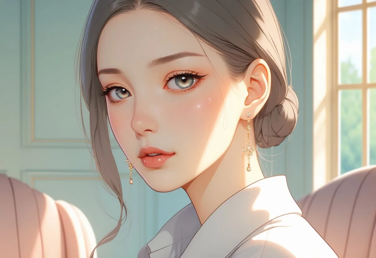 Une jeune femme portant des boucles d’oreilles délicates, dans une pièce lumineuse et paisible.
