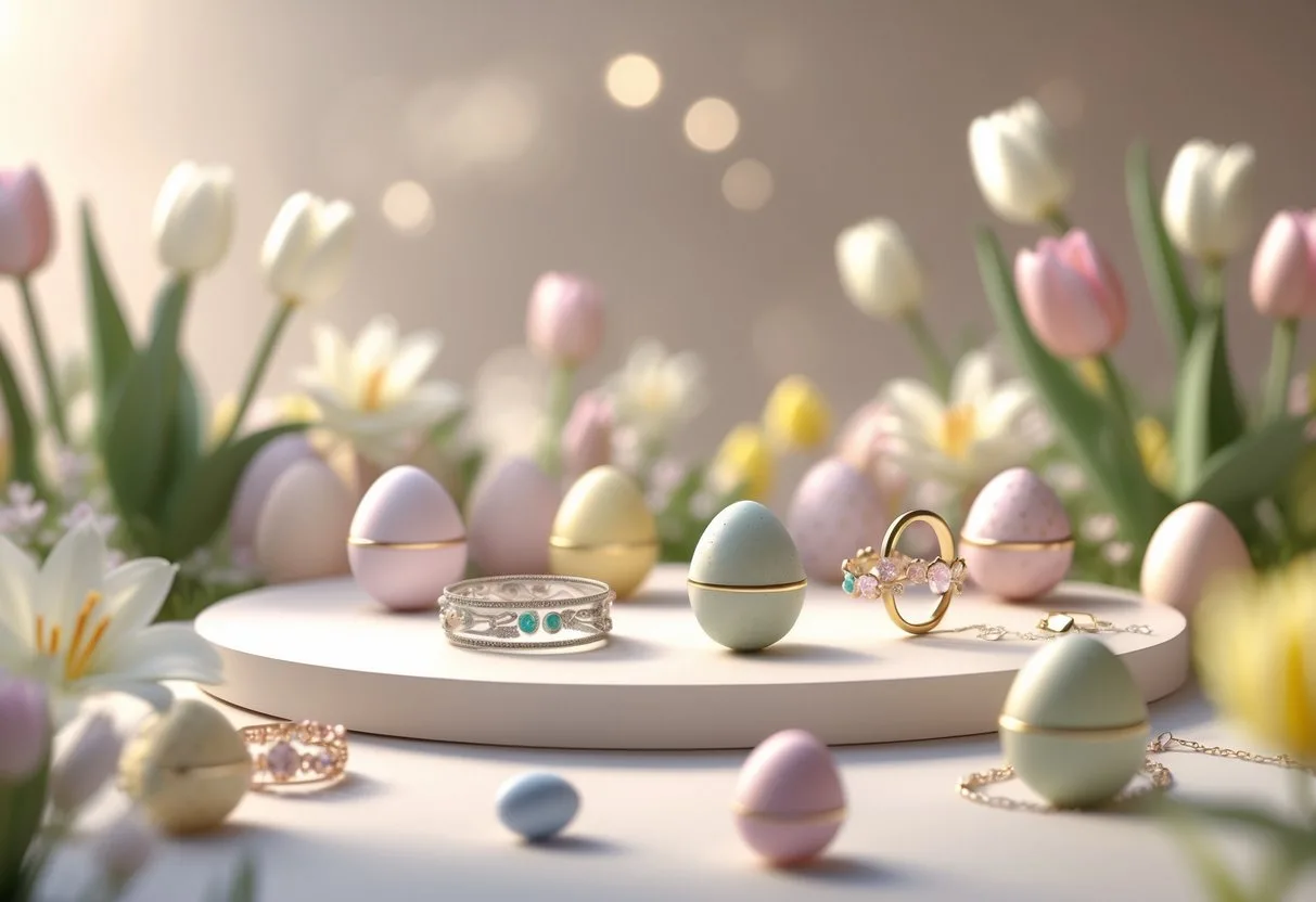 Une table de Pâques décorée avec des œufs pastel et des bijoux délicats entourée de fleurs de printemps.