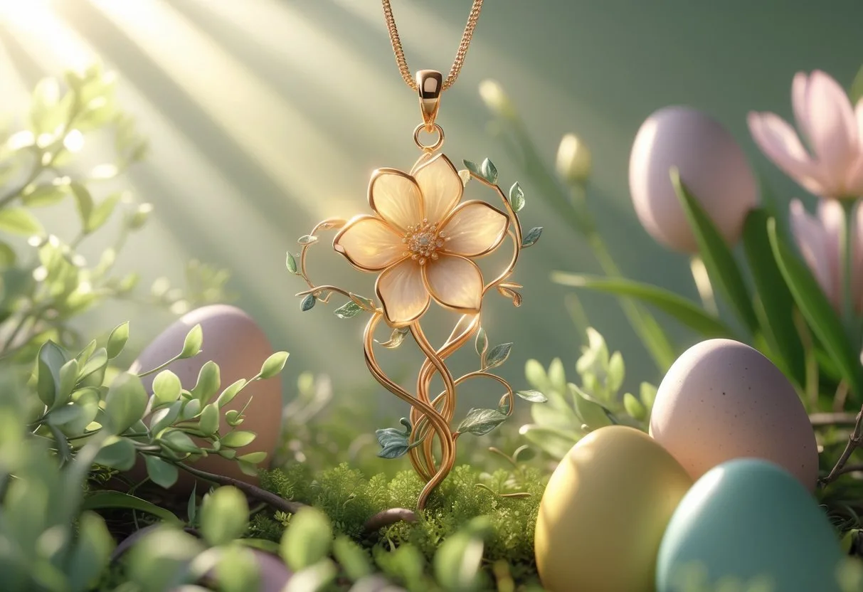 Un pendentif en forme de fleur épanouie entouré de feuilles et d’œufs de Pâques pastel dans un décor naturel printanier.