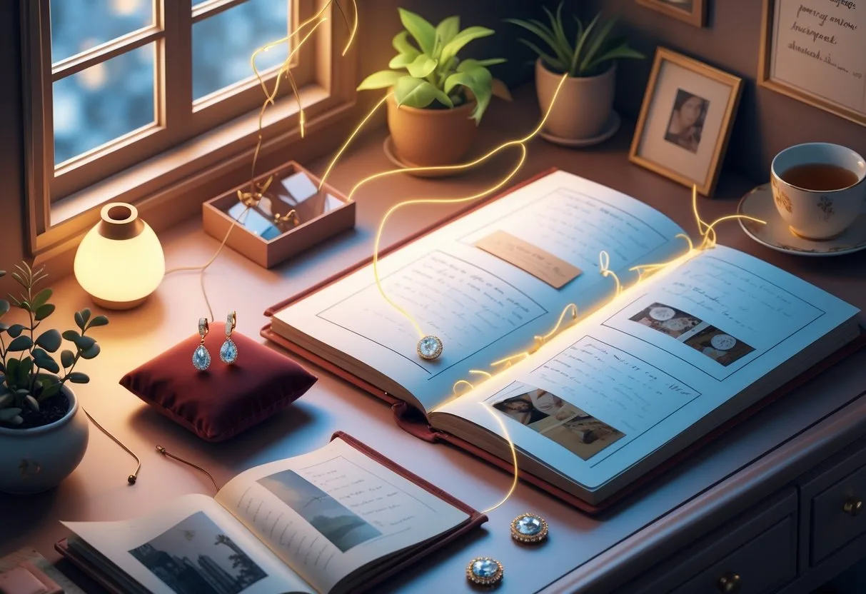 Une table avec des boucles d’oreilles posées à côté d’un album photo ouvert, reliées par des lignes lumineuses symbolisant un lien avec la mémoire.