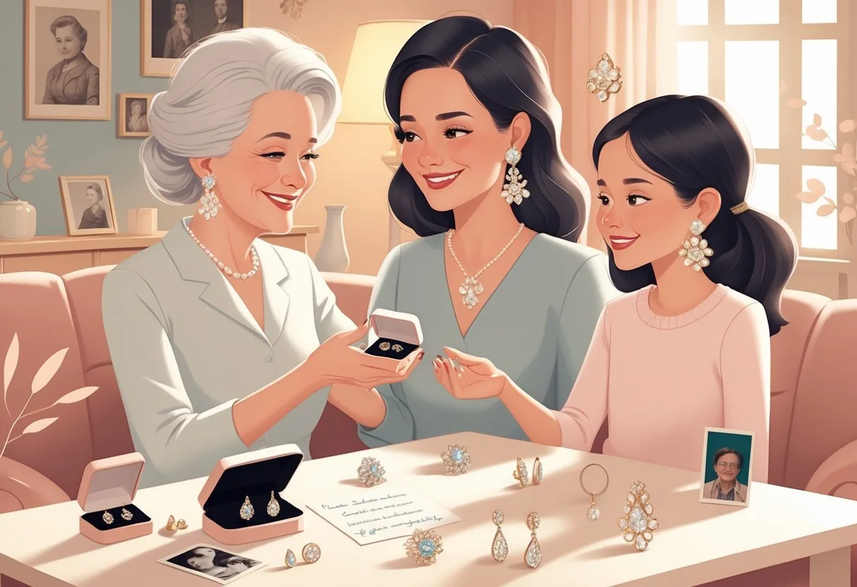 Trois générations de femmes dans un salon, la grand-mère transmet une boîte à bijoux à la mère, tandis que la fille observe, toutes portant des boucles d’oreilles.