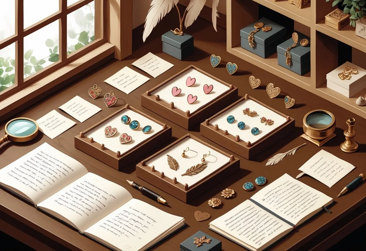 Un bureau avec différentes paires de boucles d’oreilles posées, accompagnées de carnets ouverts et d’objets évoquant des souvenirs et des histoires personnelles.