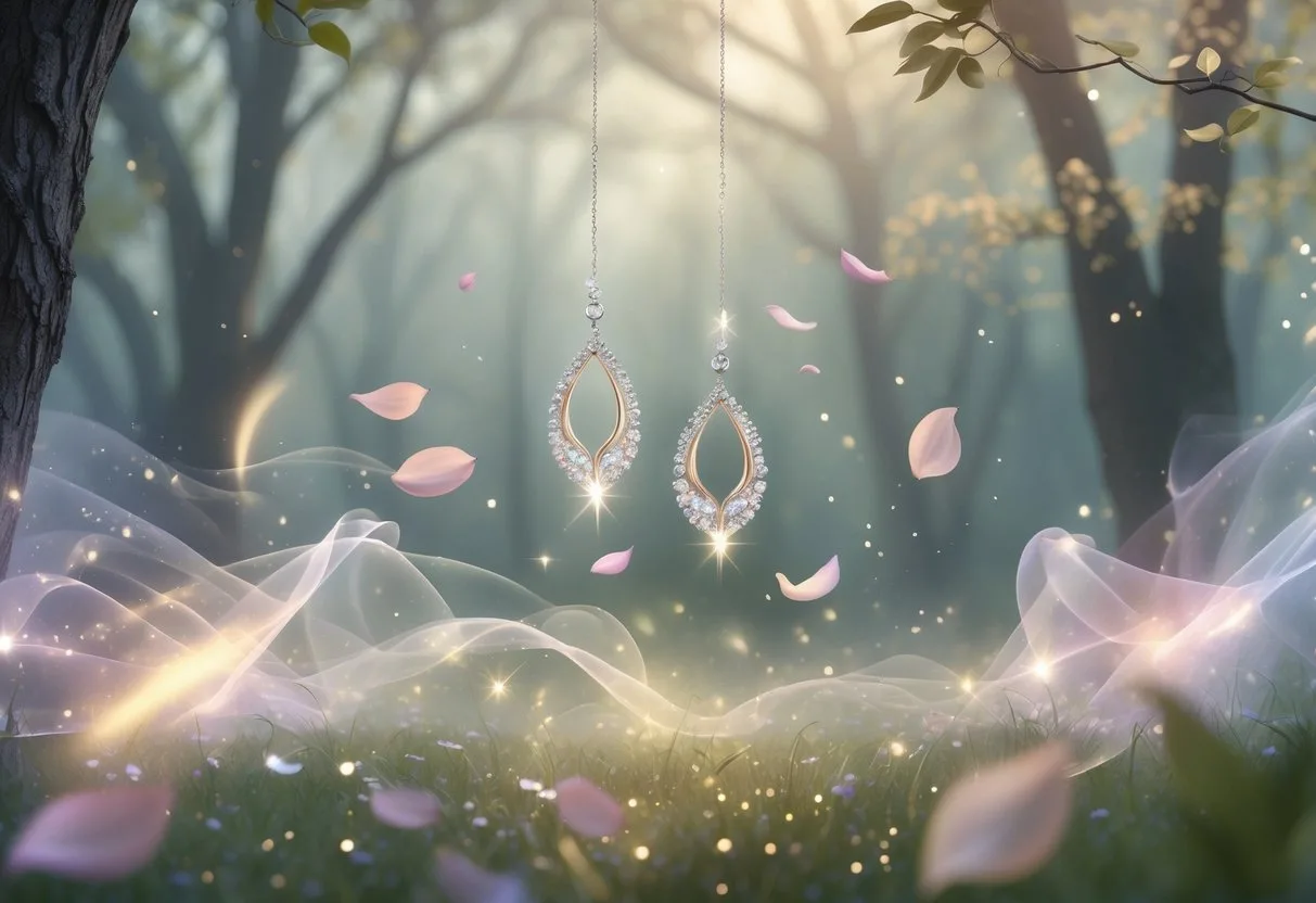 Une paire de boucles d’oreilles lumineuses flottant dans une clairière de forêt avec des pétales et des brumes autour.