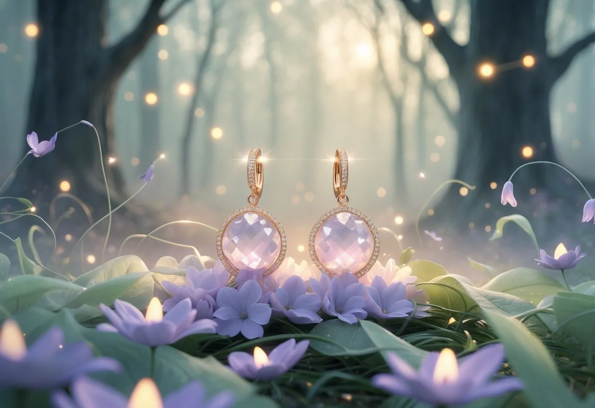 Une paire délicate de boucles d’oreilles posée sur des fleurs lumineuses dans une forêt magique avec des lumières flottantes et des arbres en arrière-plan.