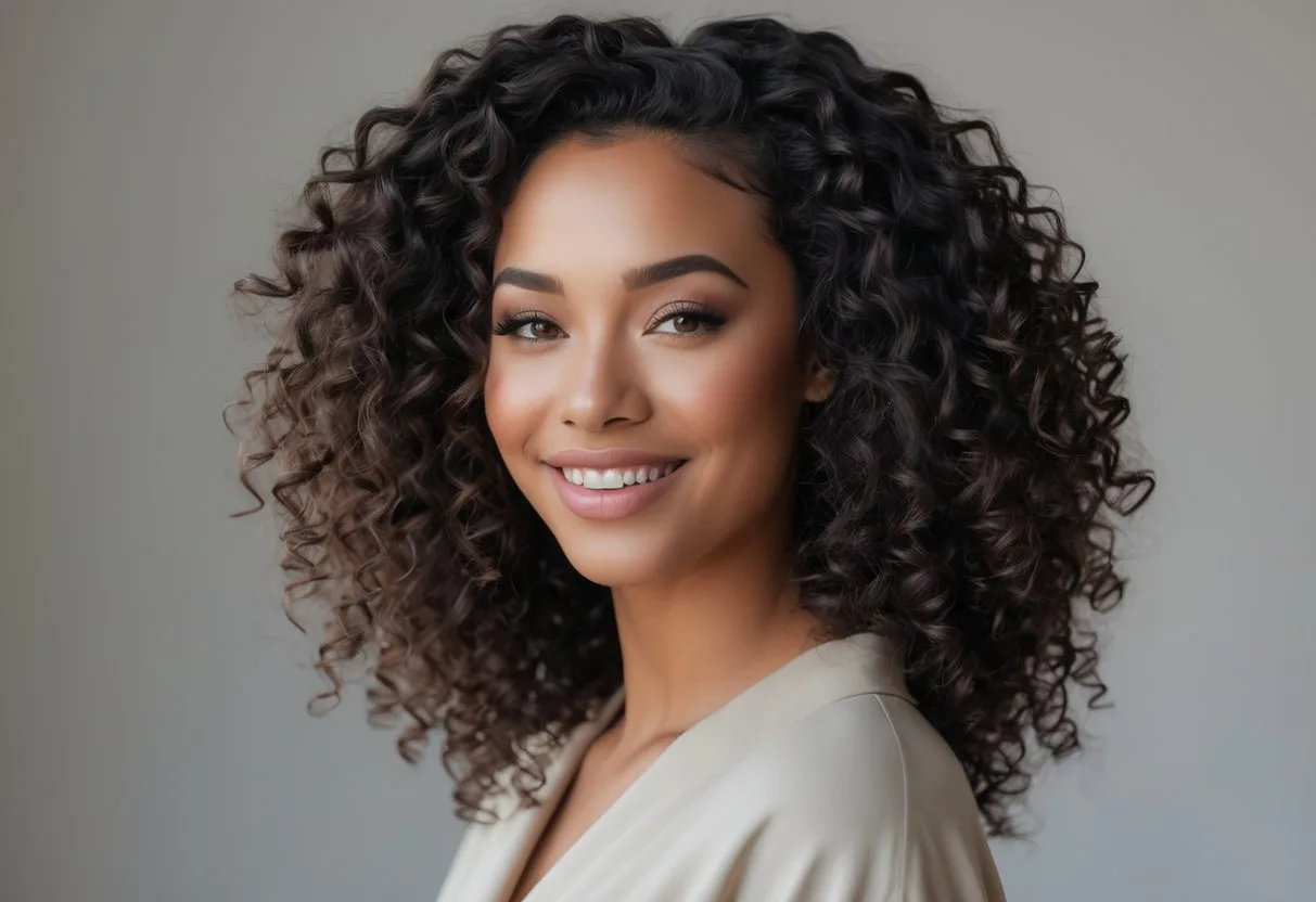 Une jeune femme souriante avec des cheveux bouclés naturels, sans maquillage, dans un décor neutre.