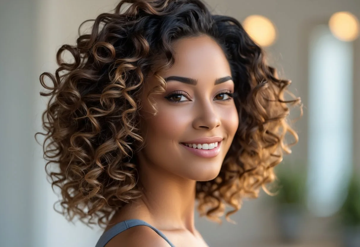 Femme souriante avec des cheveux bouclés bien coiffés en gros plan.