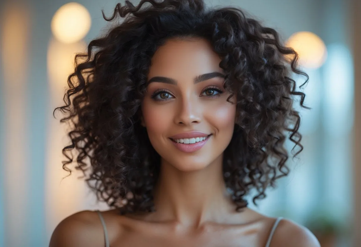 Une jeune femme souriante avec des cheveux bouclés naturels regardant directement devant elle.