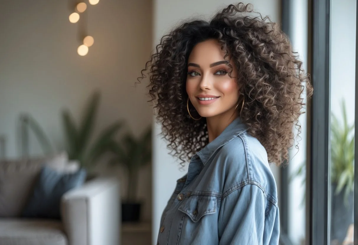 Une jeune femme aux cheveux bouclés porte une tenue décontractée et élégante, debout près d'une fenêtre dans un salon moderne et lumineux.
