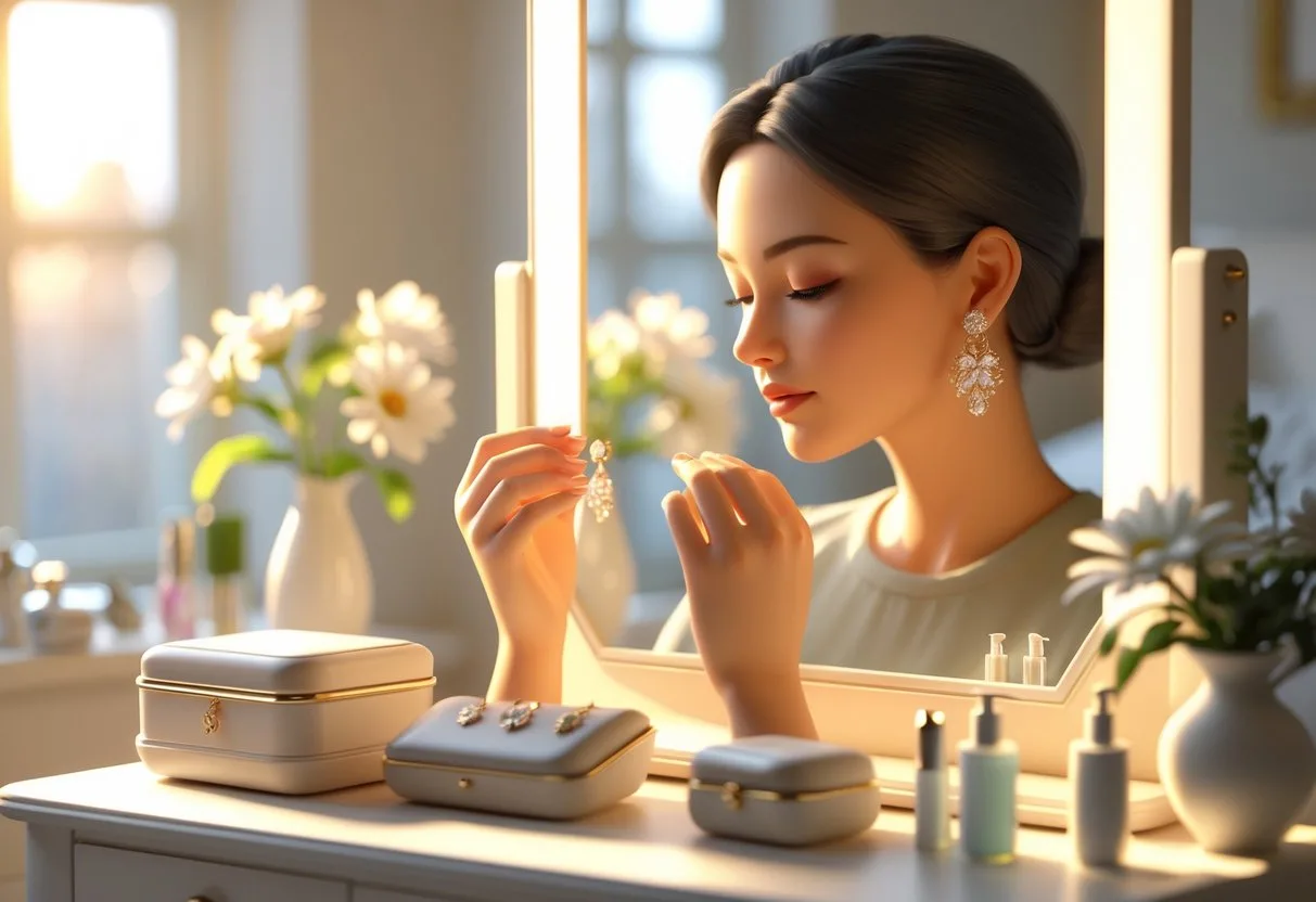 Une femme met des boucles d’oreilles devant un miroir dans une chambre éclairée par la lumière du matin.