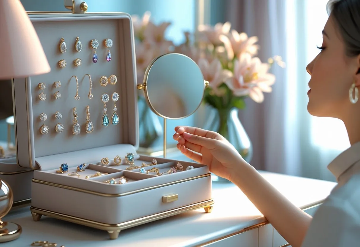Une femme choisit des boucles d’oreilles devant une coiffeuse avec une boîte à bijoux ouverte et une chambre en arrière-plan.