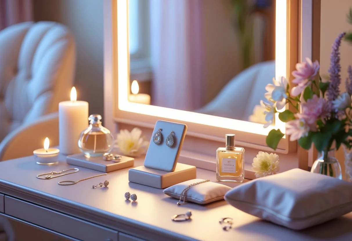 Un coin de coiffeuse avec des boucles d’oreilles posées sur un présentoir, entourées de bougies, fleurs et accessoires de beauté dans une ambiance chaleureuse.