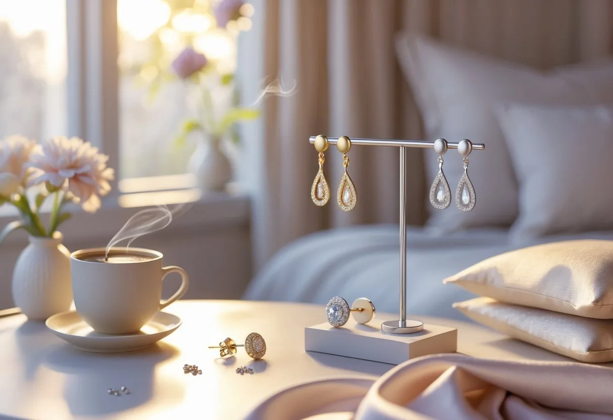 Une table de maquillage avec des boucles d’oreilles élégantes exposées, entourée de fleurs, d’une tasse de café et d’un foulard, dans une chambre lumineuse au matin.