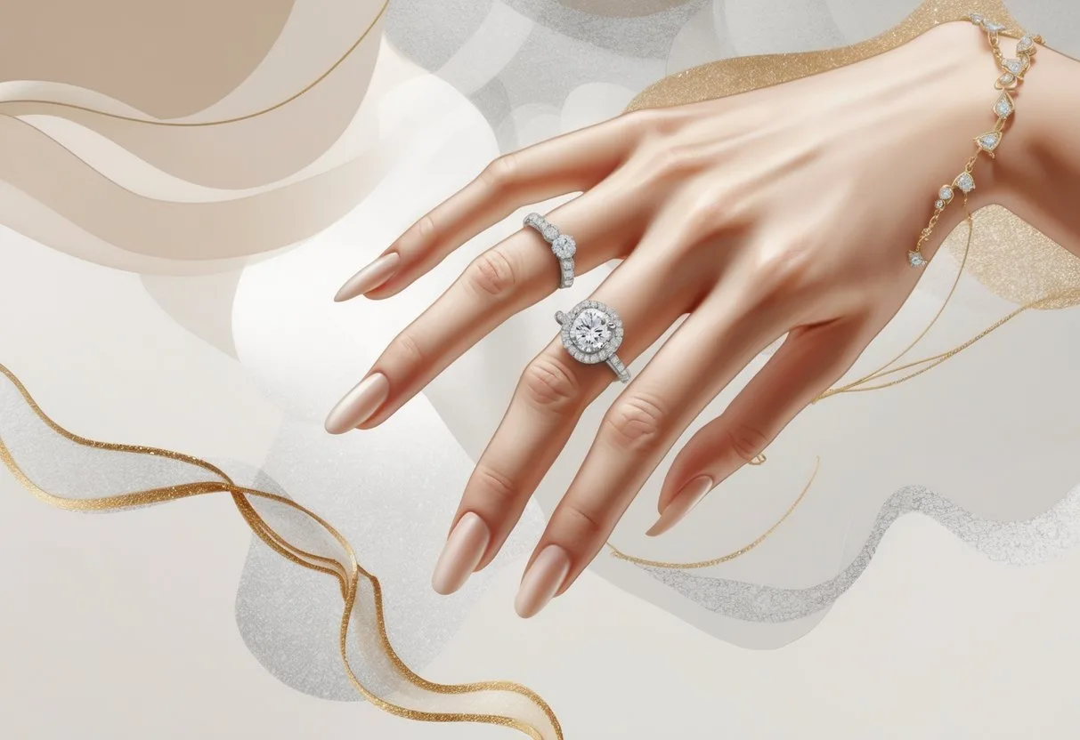 Une main portant une bague classique et un bracelet délicat, entourée d'éléments abstraits représentant des tendances éphémères qui s'estompent.